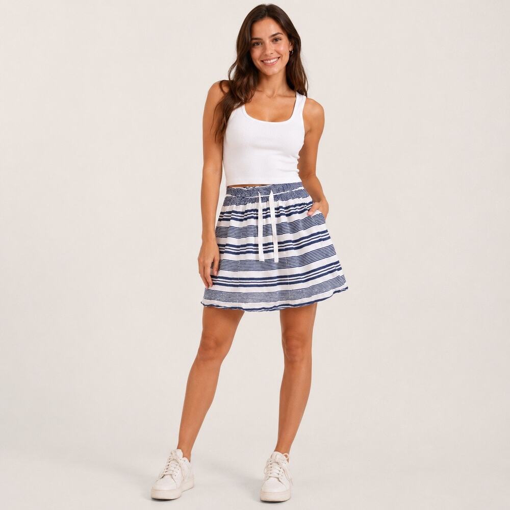 J. Crew Linen Cotton A-Line short skirt in Blue White Striped pattern. Women’s 6